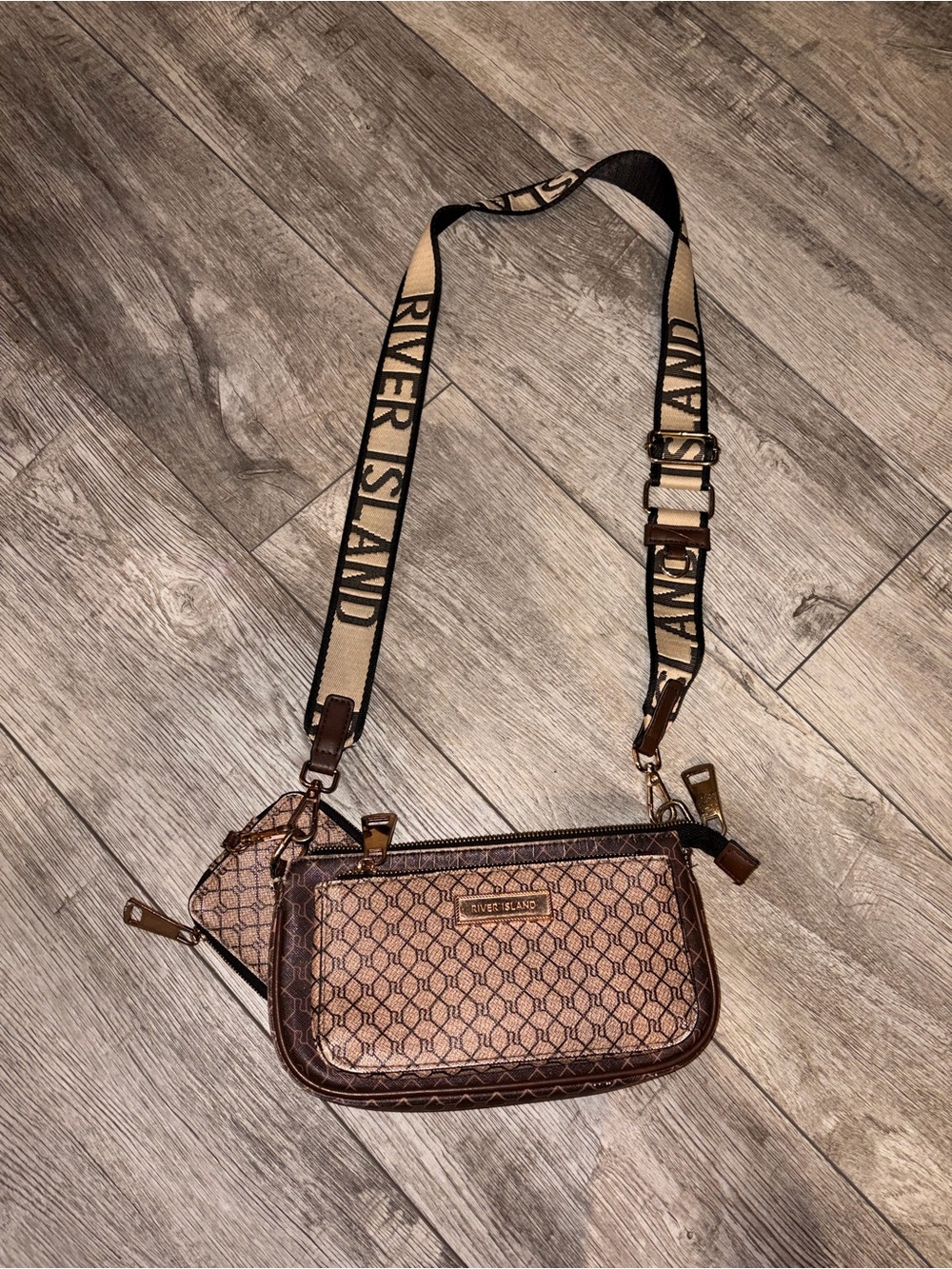 River Island Brown Patterned Multi-Pouch Crossbody Bag with Branded Strap